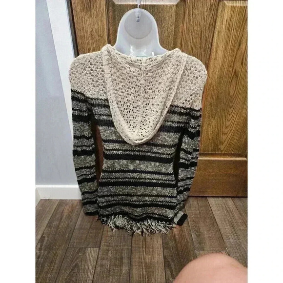 Maurices Small Tan Black Open Knit Hooded Long Sleeve Pullover Sweater - Picture 3 of 6